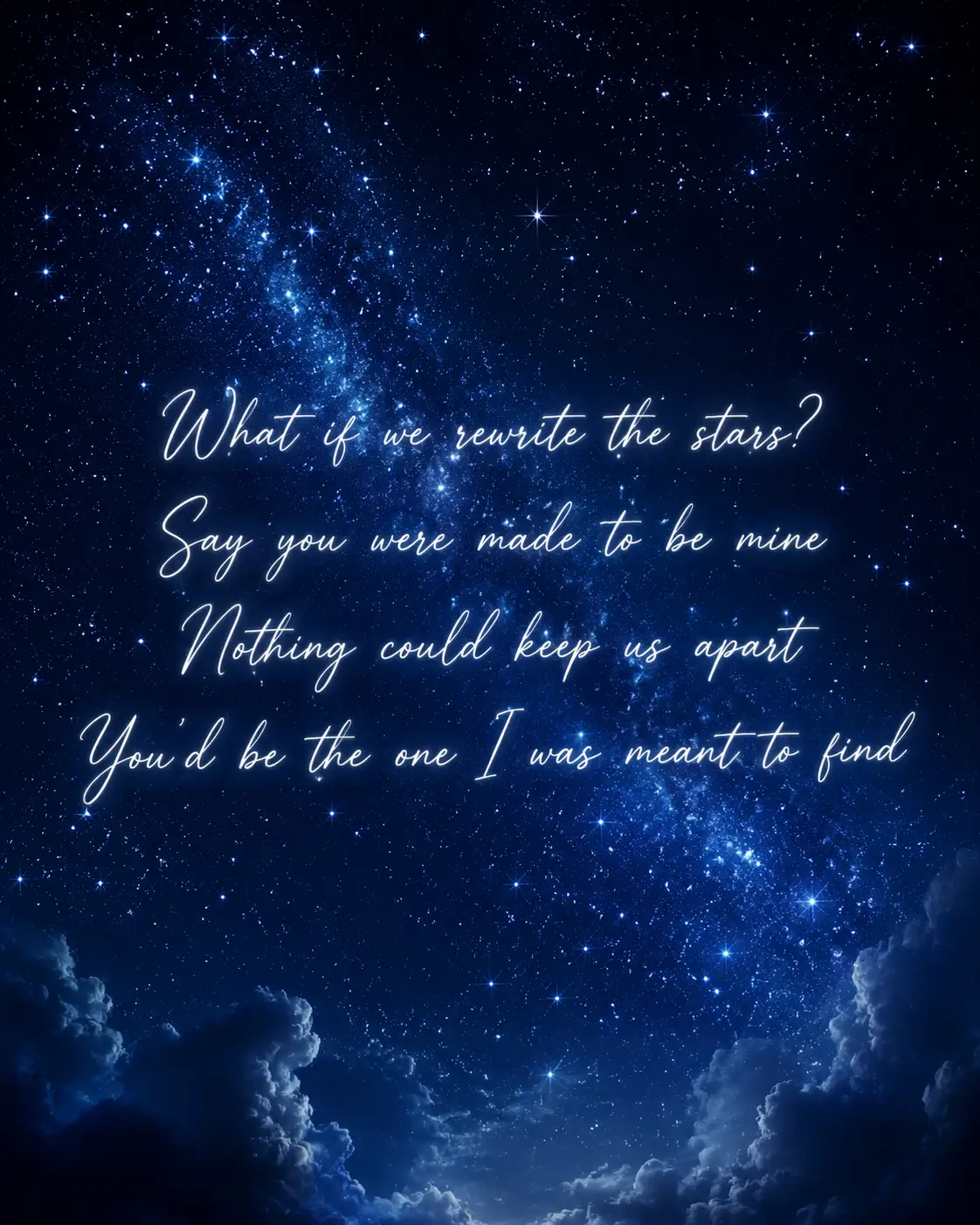 Starry night sky over a field with cursive song lyrics