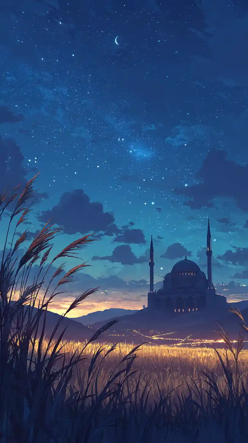 Cinematic Anime Mosque Under A Moonlit Starry Sky