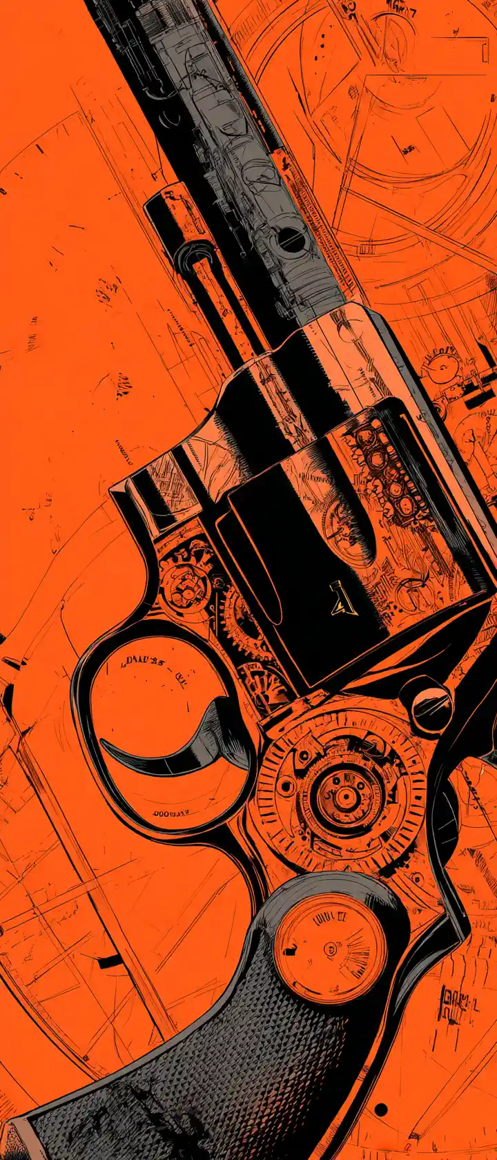 Close up illustration of a vintage revolver with schematics