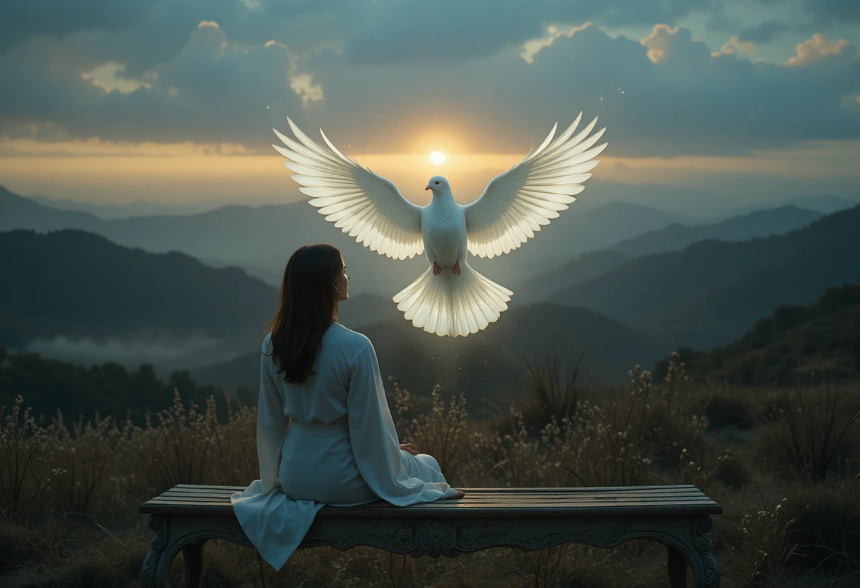 Solitary figure watching a radiant white dove at sunset