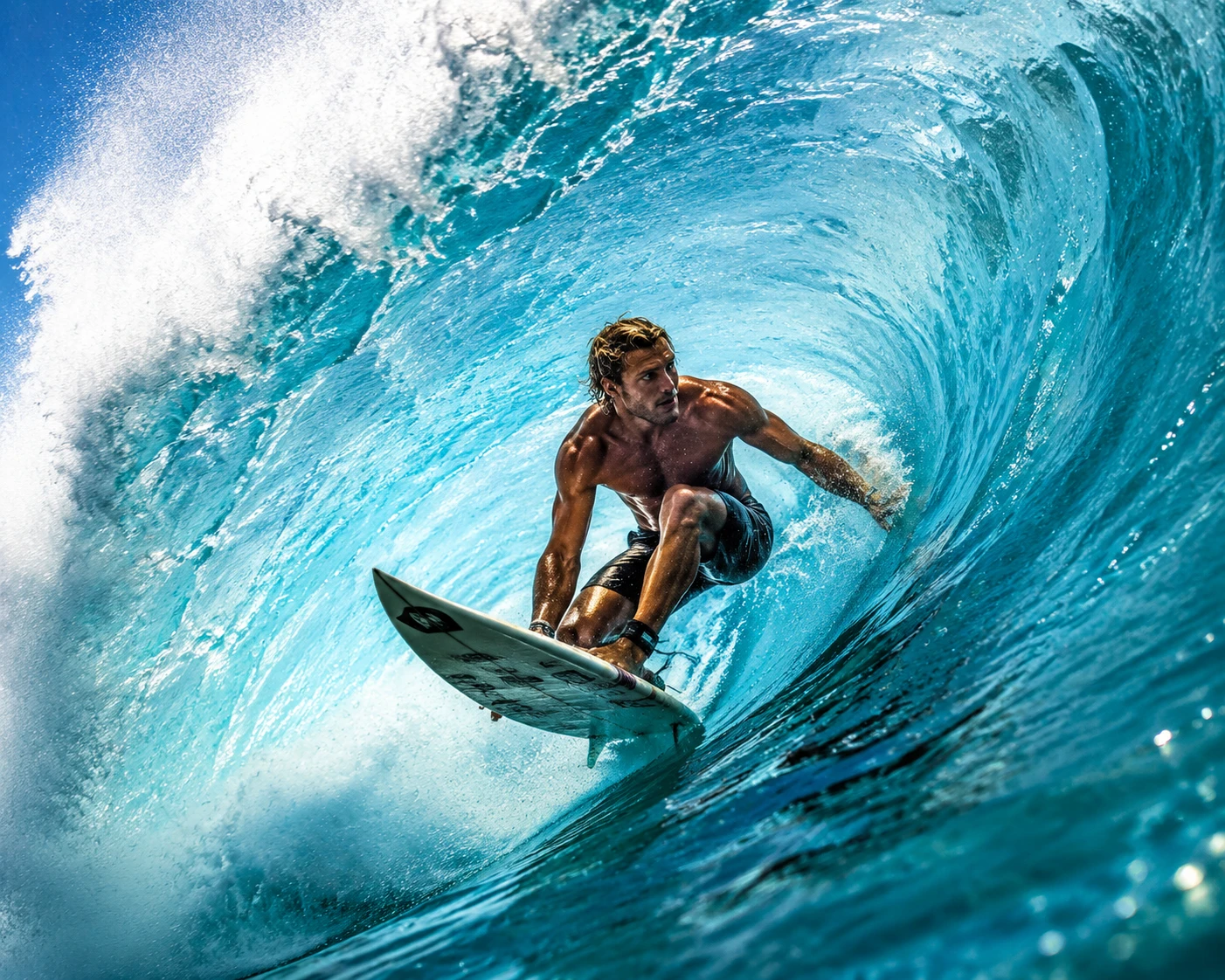 Surfer Riding Inside A Massive Turquoise Ocean Wave