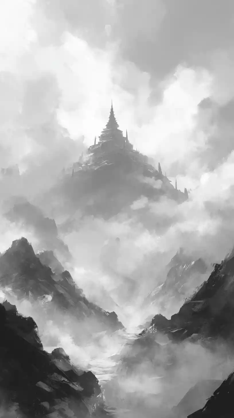 Majestic fantasy monument rising into clouds and mist