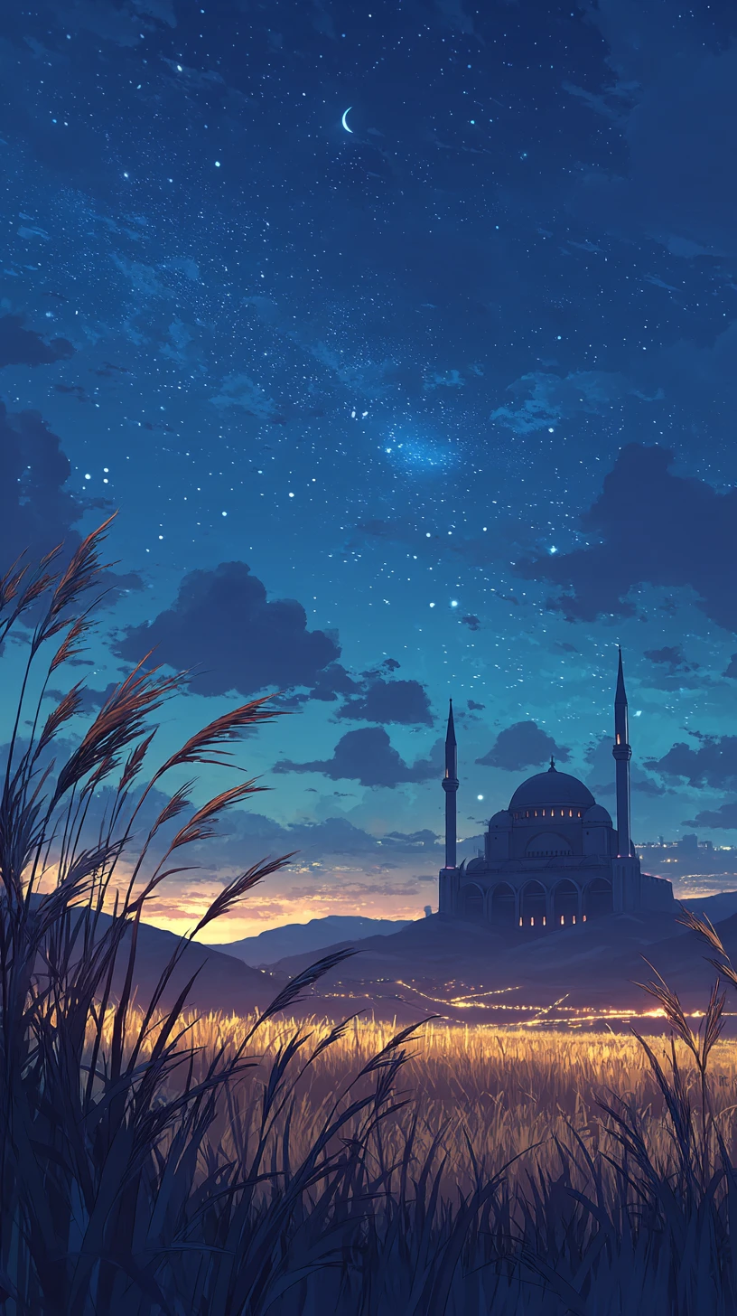 Cinematic Anime Mosque Under A Moonlit Starry Sky