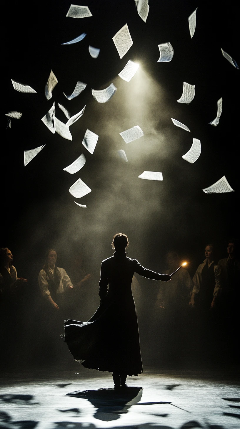 Performer With Glowing Quill On Dramatic Theater Stage