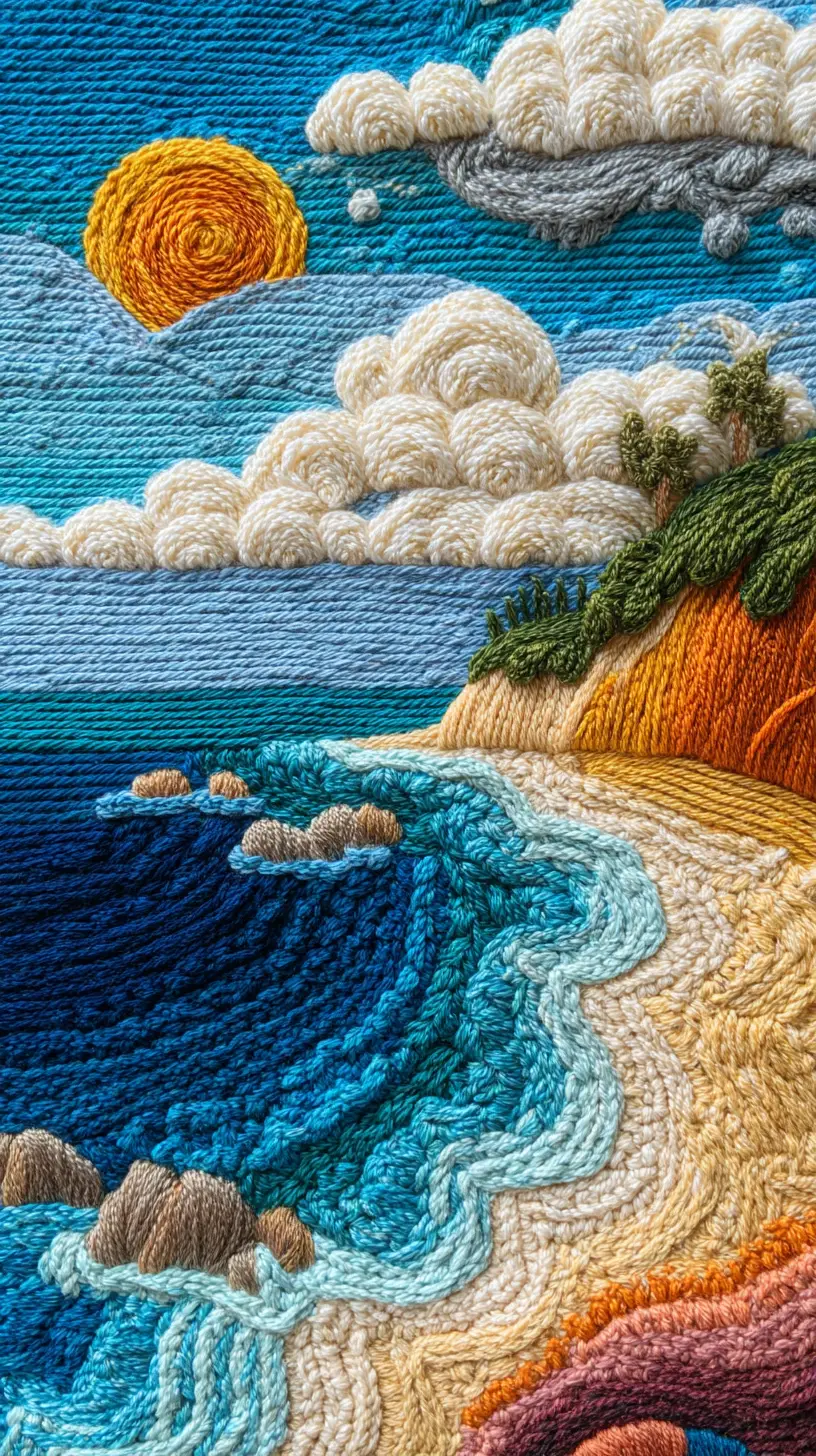 Crochet ocean and sandy beach scene with wool yarn