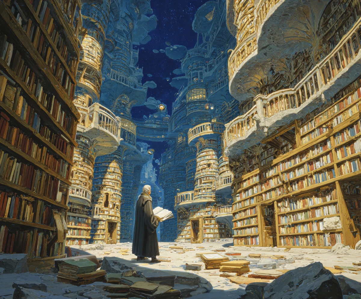 Erudito solitario en una biblioteca antigua dentro de una geoda luminosa