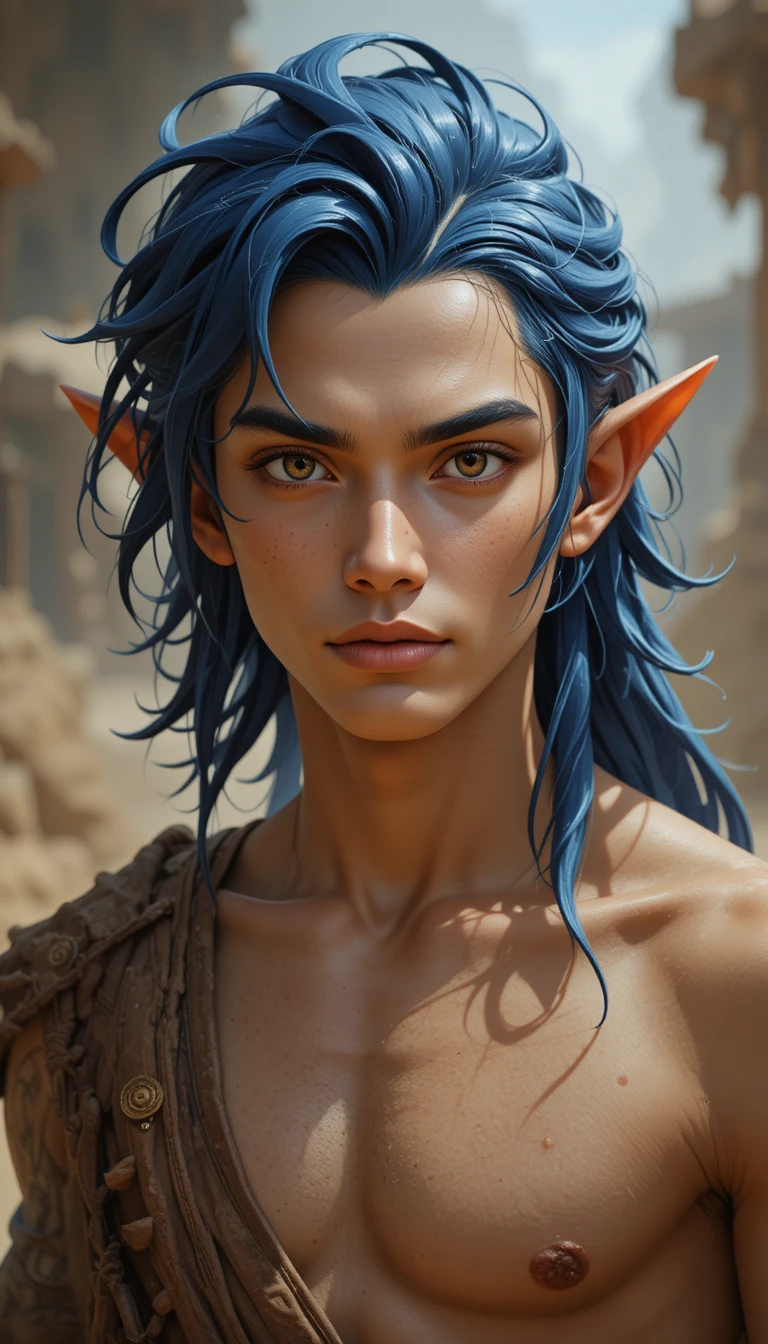 Fantasy genie man with dark indigo hair and olive eyes