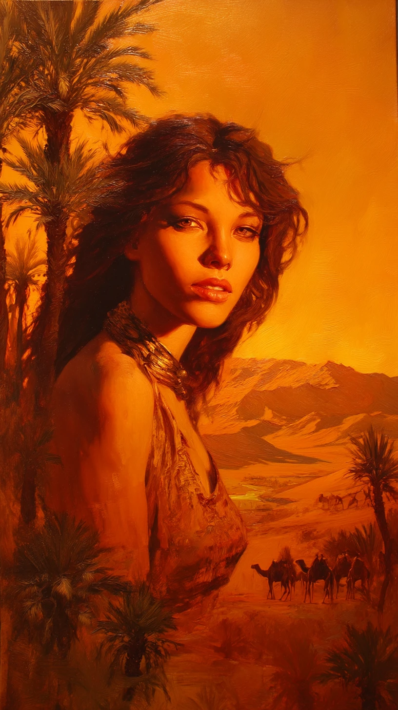 Arab desert goddess in an oasis at warm sunset