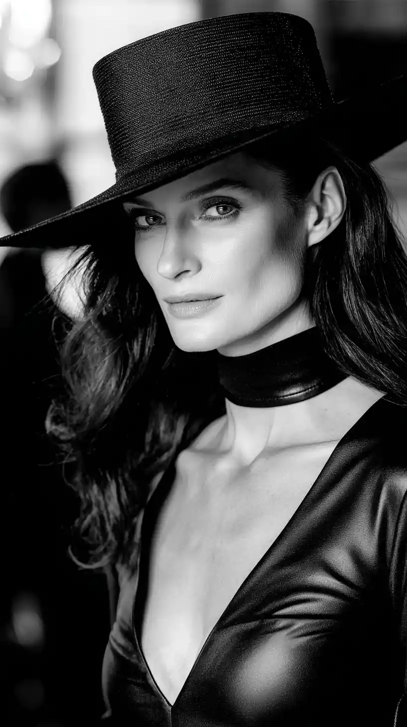 Alluring woman in black hat in dramatic monochrome portrait