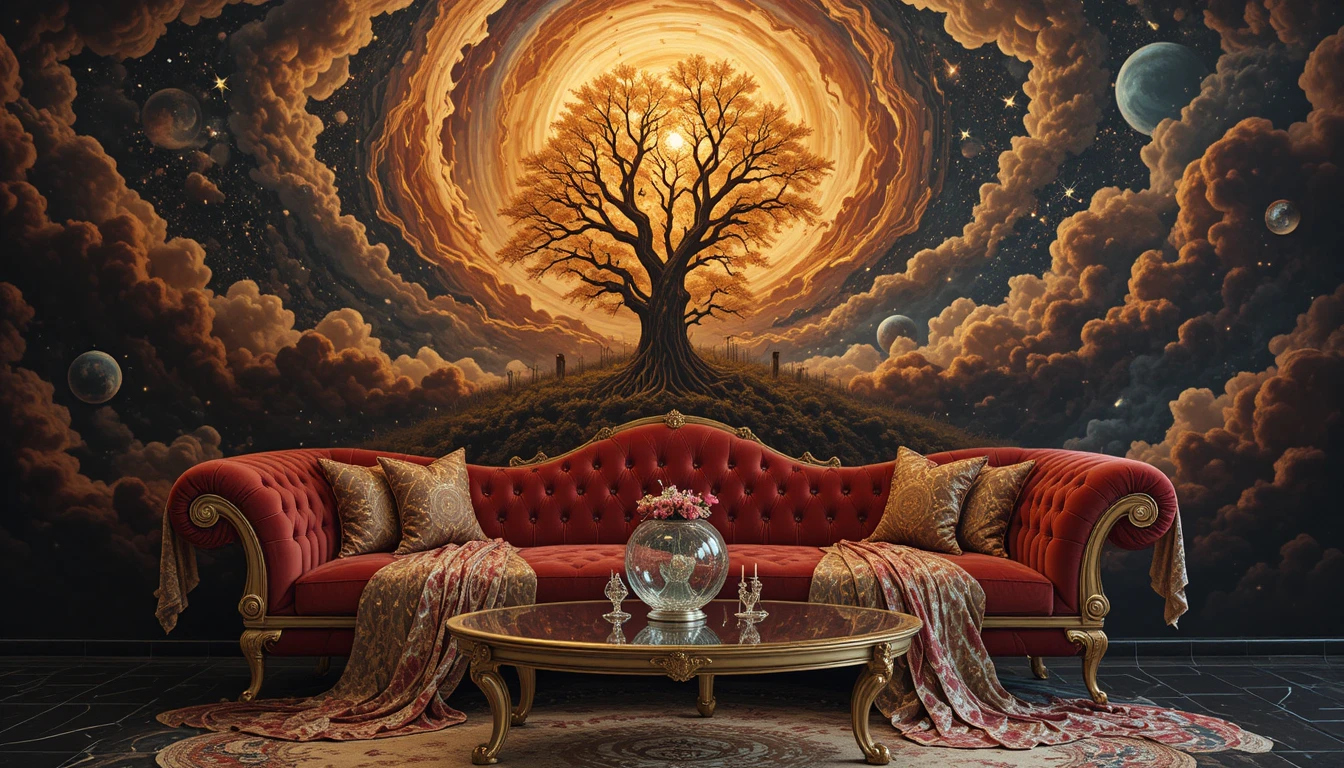 Velvet baroque sofa before swirling cosmic tree painting