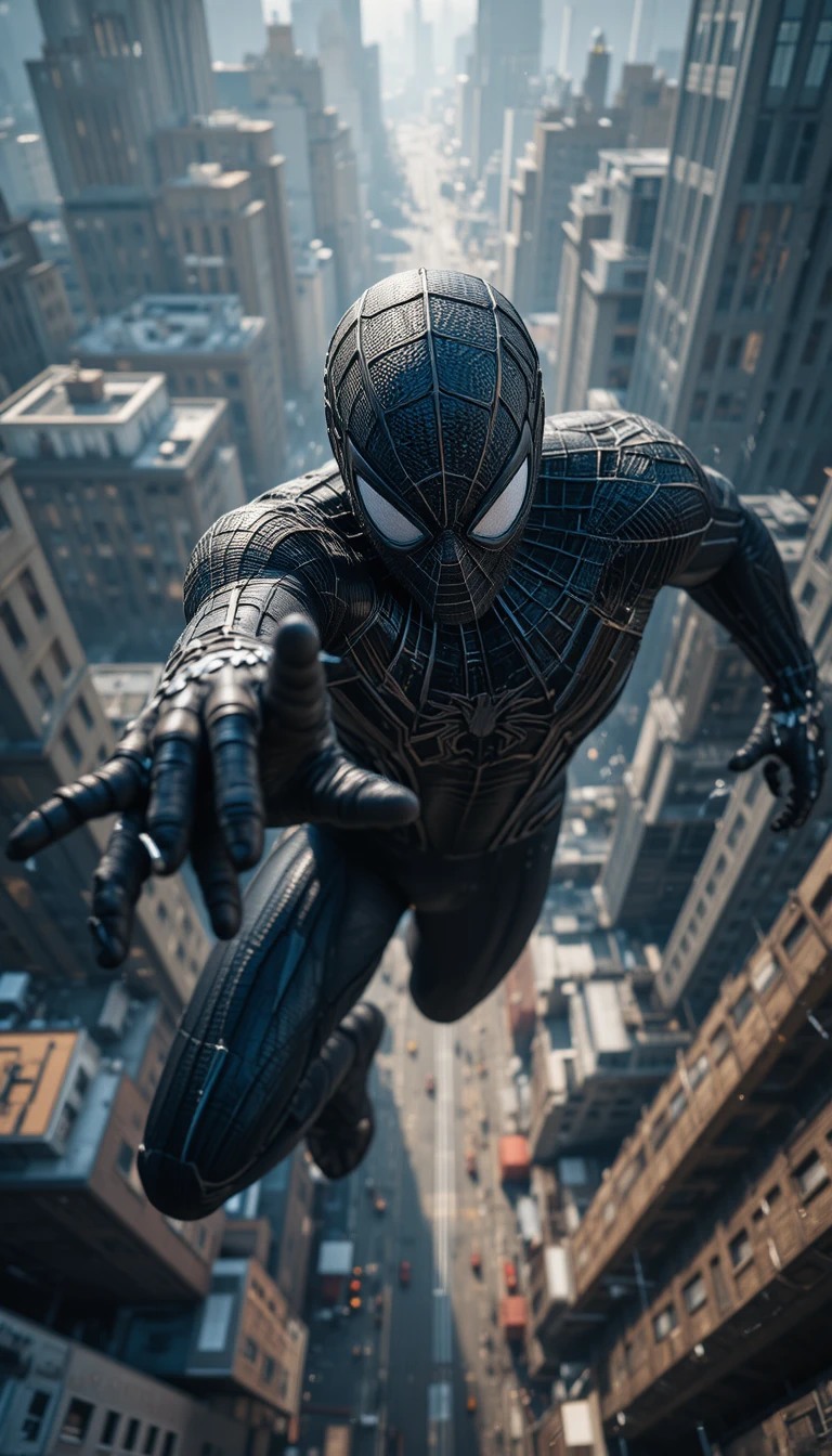 Cinematic superhero swinging above a modern city skyline