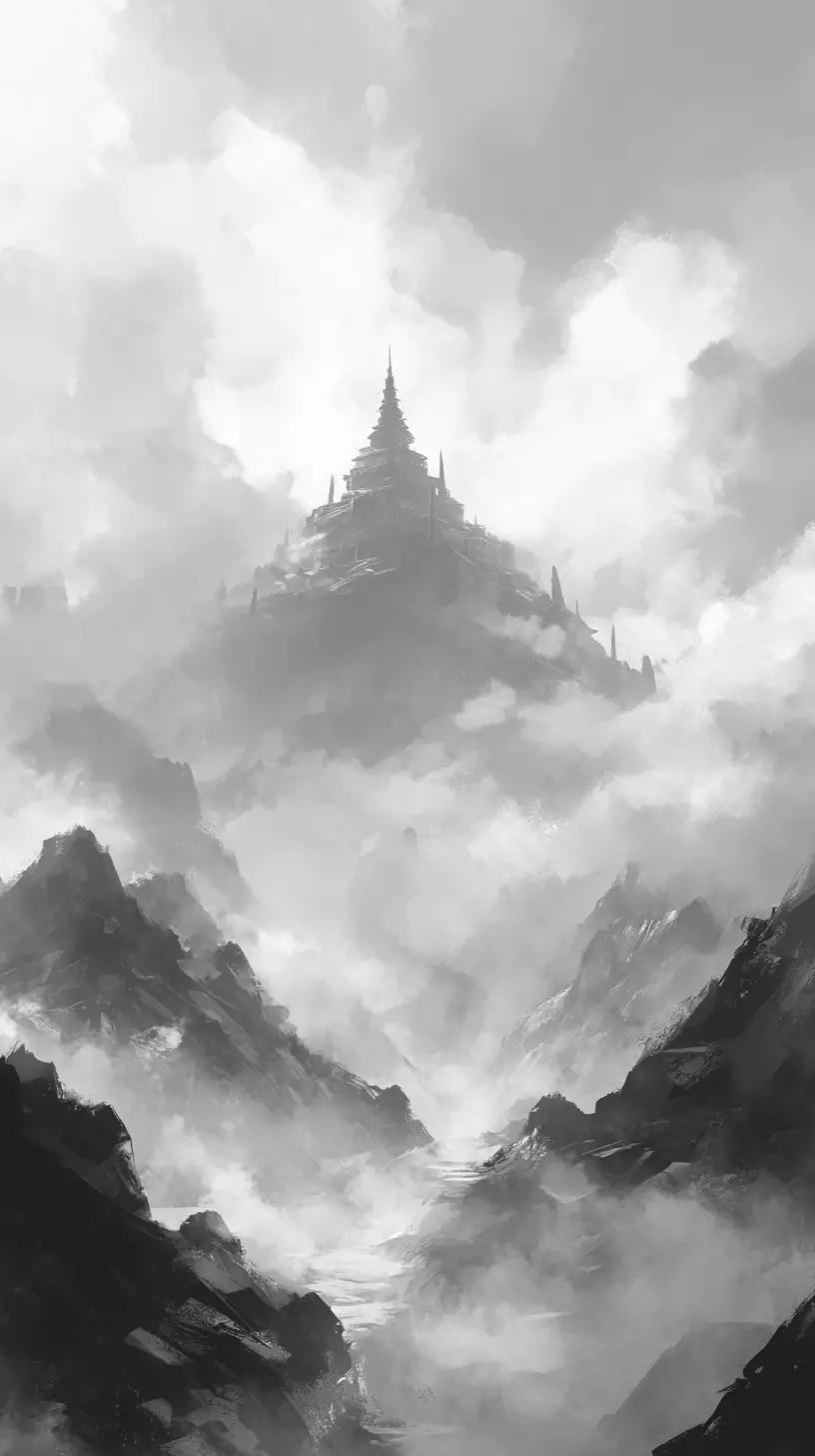 Majestic fantasy monument rising into clouds and mist