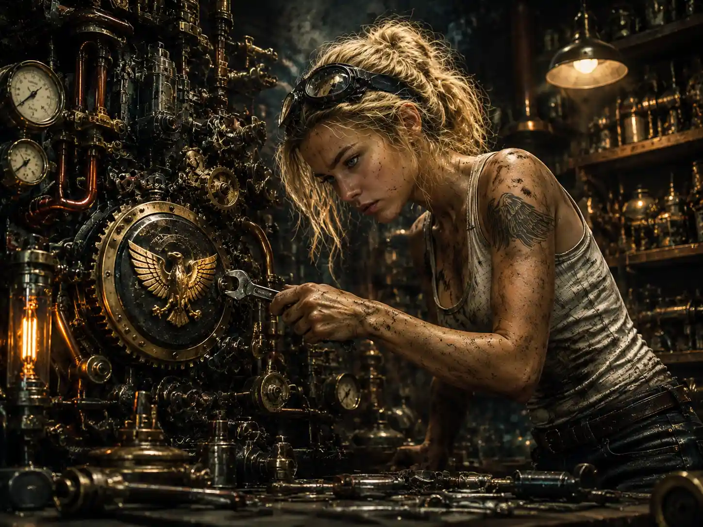 Dieselpunk mechanic woman fixing a complex brass machine