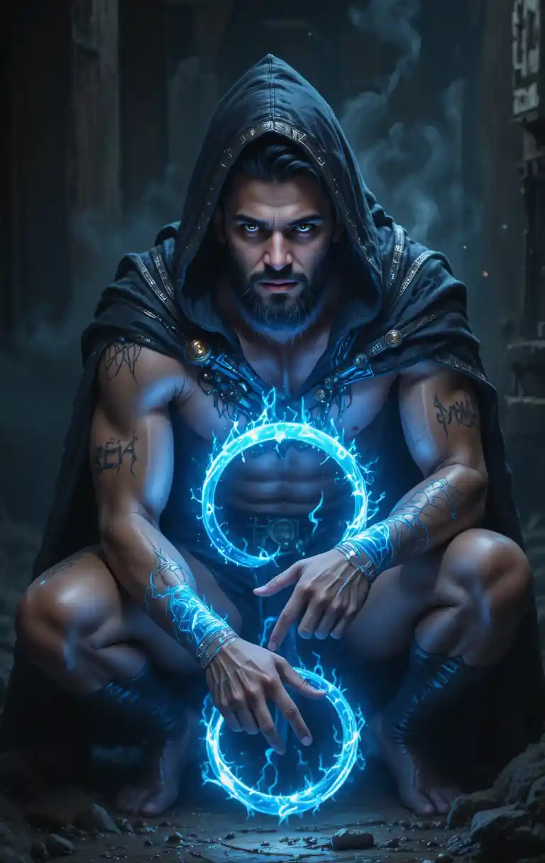 Hooded muscular mage crouching in glowing blue magic circle