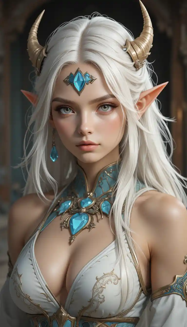Young eliatrope girl with white hair and deer horns