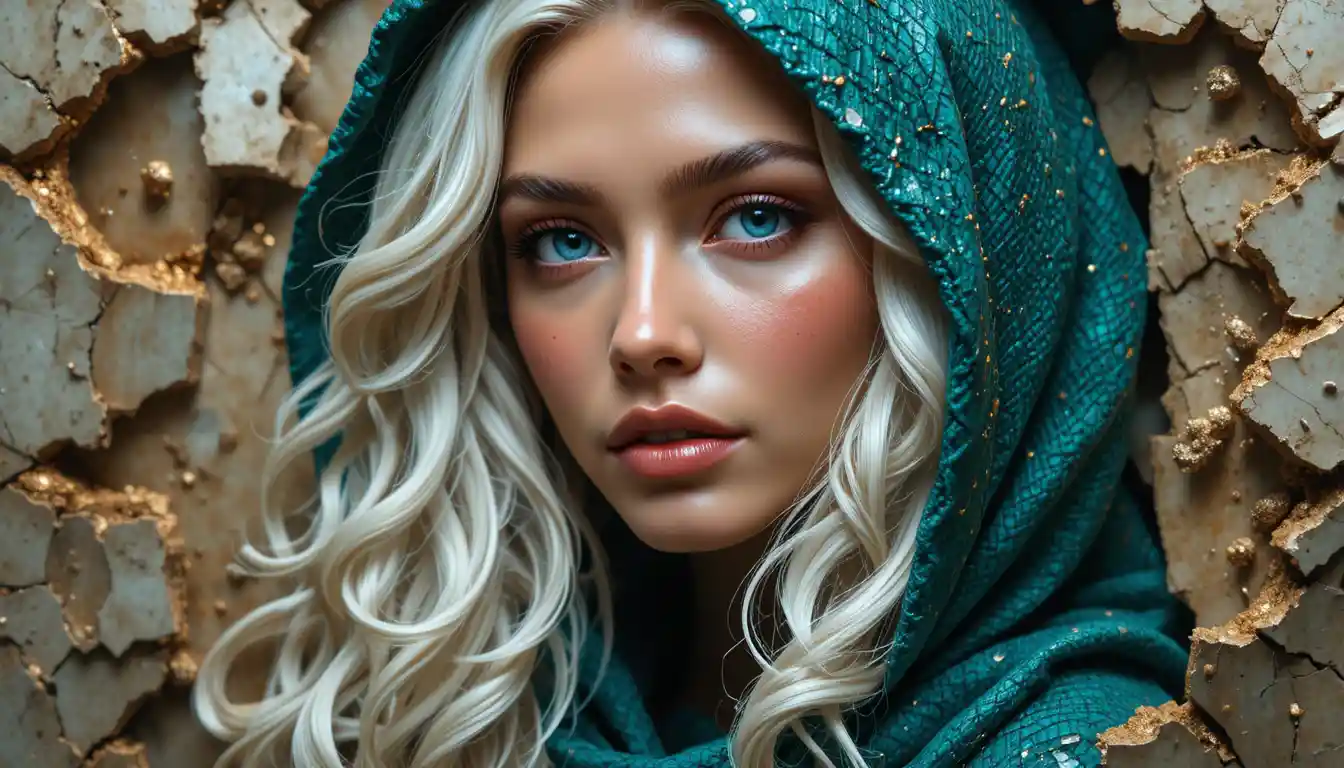 Blonde girl in emerald hood with sparkling makeup