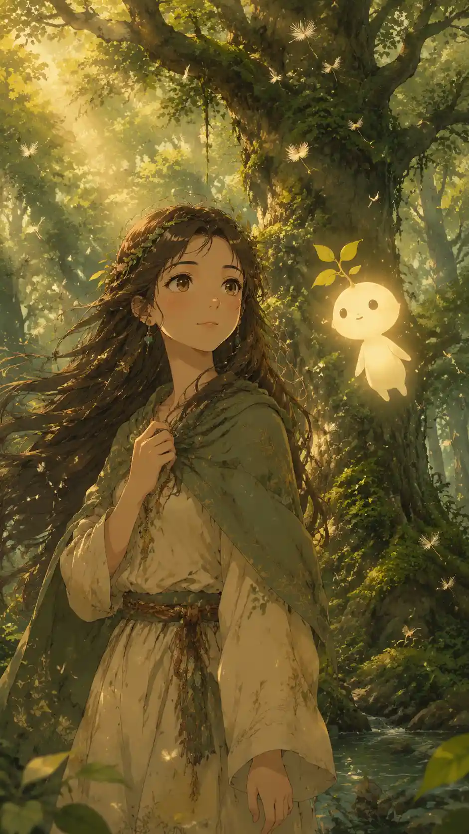 Peaceful anime woman in a sunlit enchanted forest