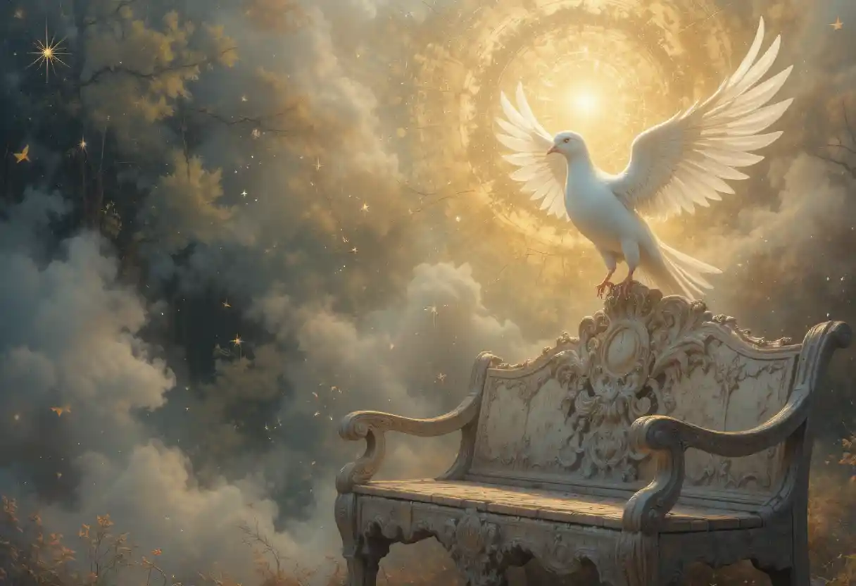 Solitary figure with glowing white dove at golden sunset