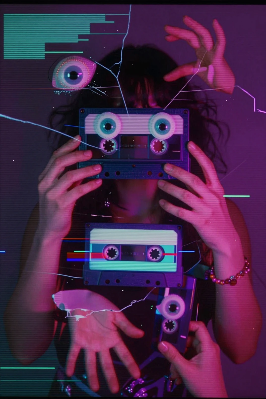 Surreal Neon Glitch Scene In Retro Vhs Aesthetic