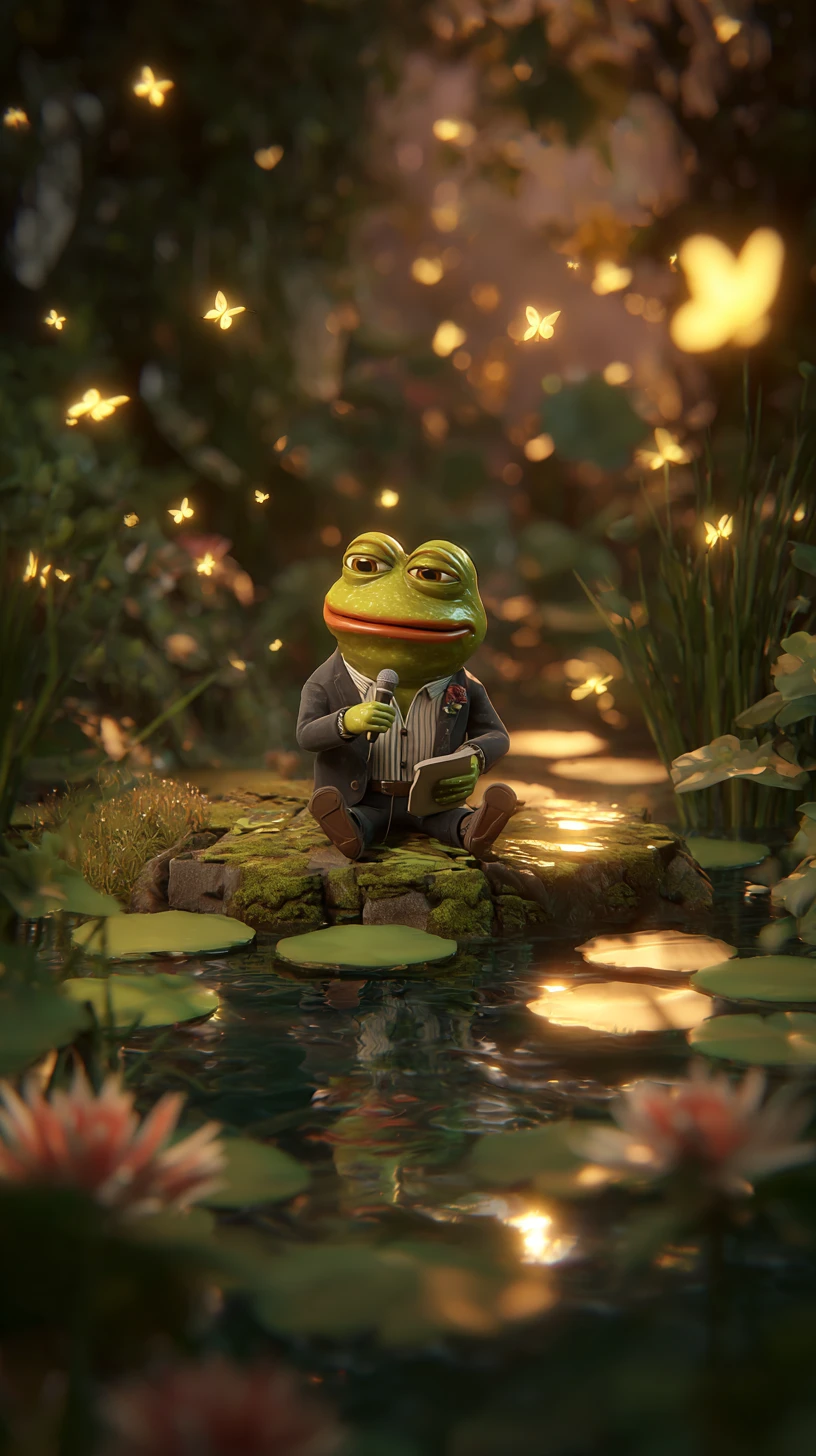 Cartoon frog in a suit singing on a pond at sunset