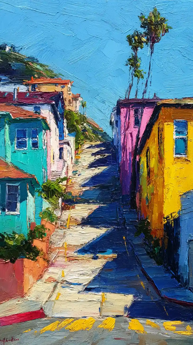 Steep city street with colorful houses in sunlight