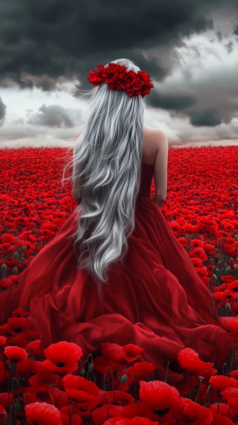 Mujer con vestido rojo fluido en un vasto campo de amapolas