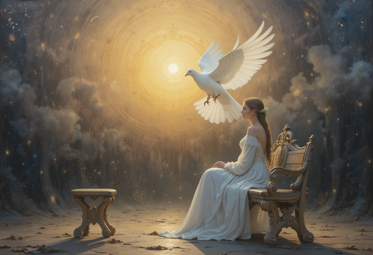Solitary figure with glowing white dove at sunset