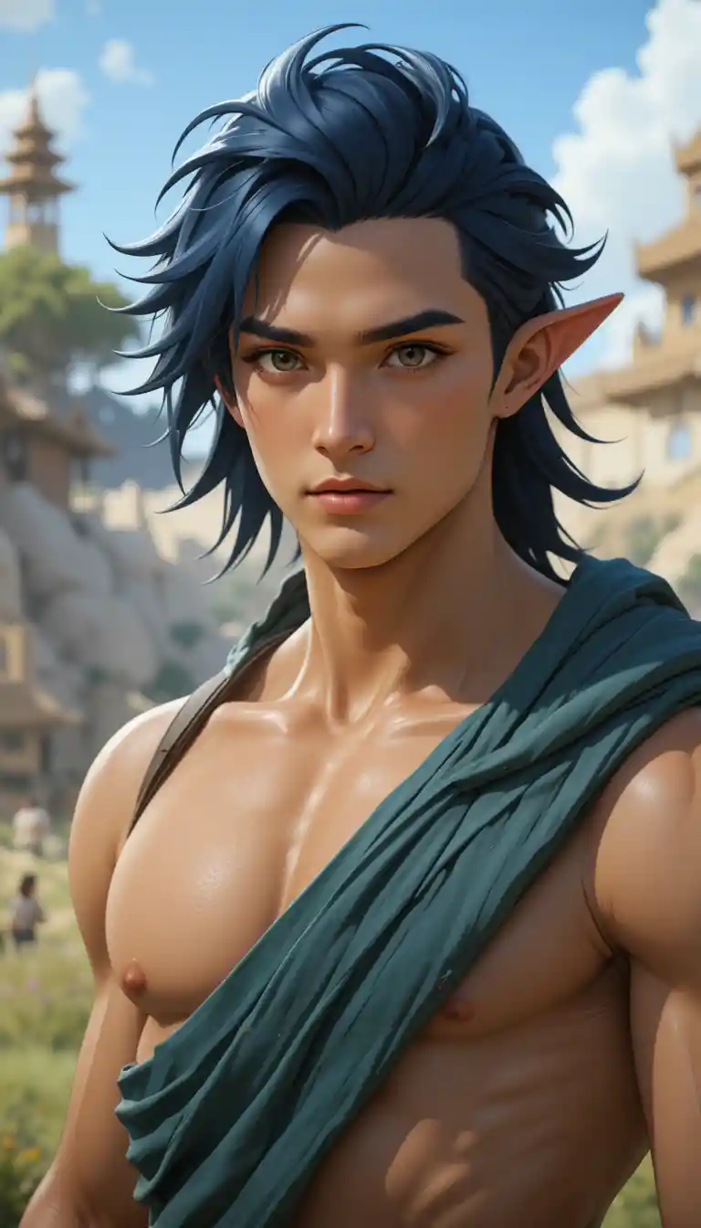 Fantasy man with dark indigo hair and olive eyes