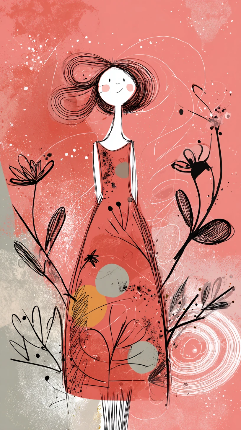 Playful doodle woman with flowing red hair and flowers