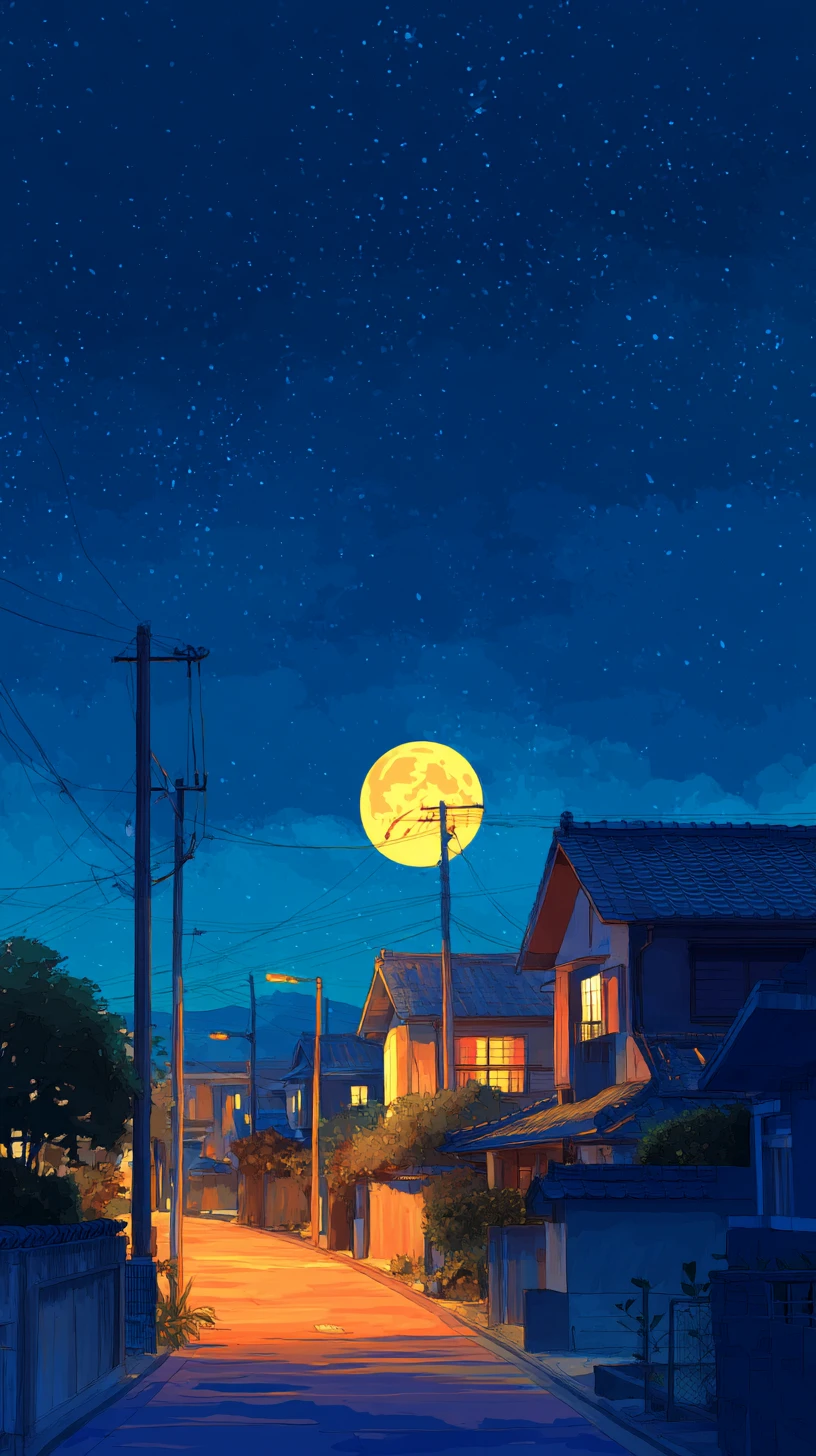 Rua japonesa silenciosa sob um céu estrelado e lua brilhante