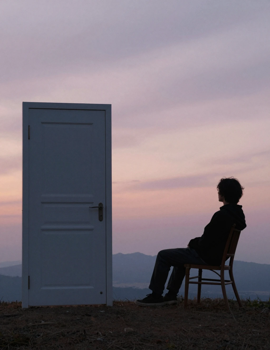 Analog photo of a person by a door on a hill
