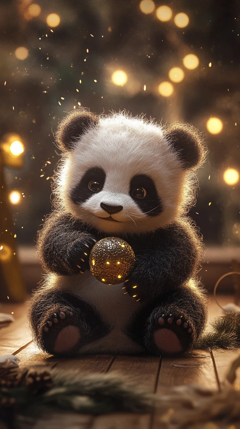 Fluffy baby panda playing with a bouncing ball