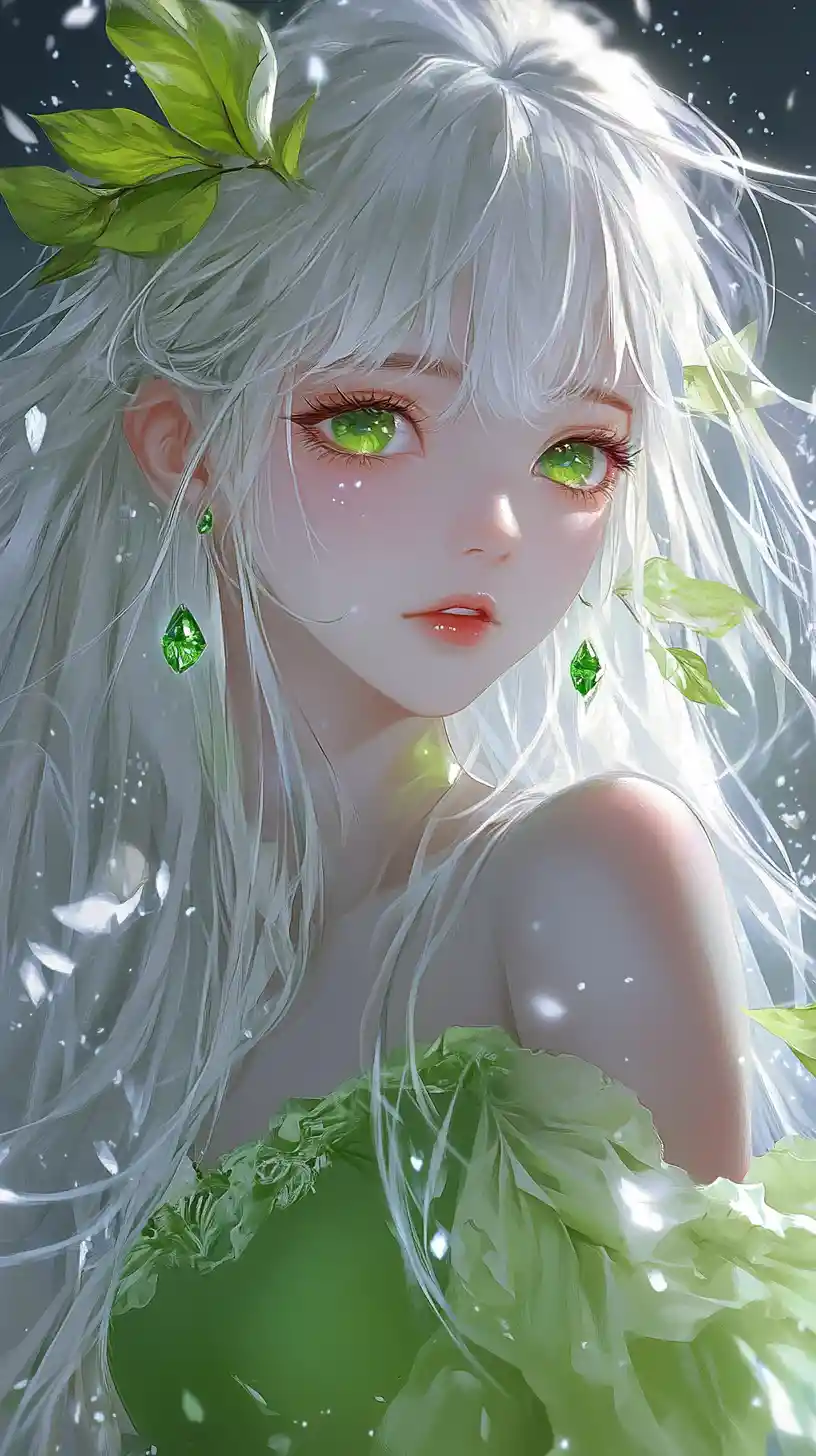 Ethereal anime girl with green eyes and white hair
