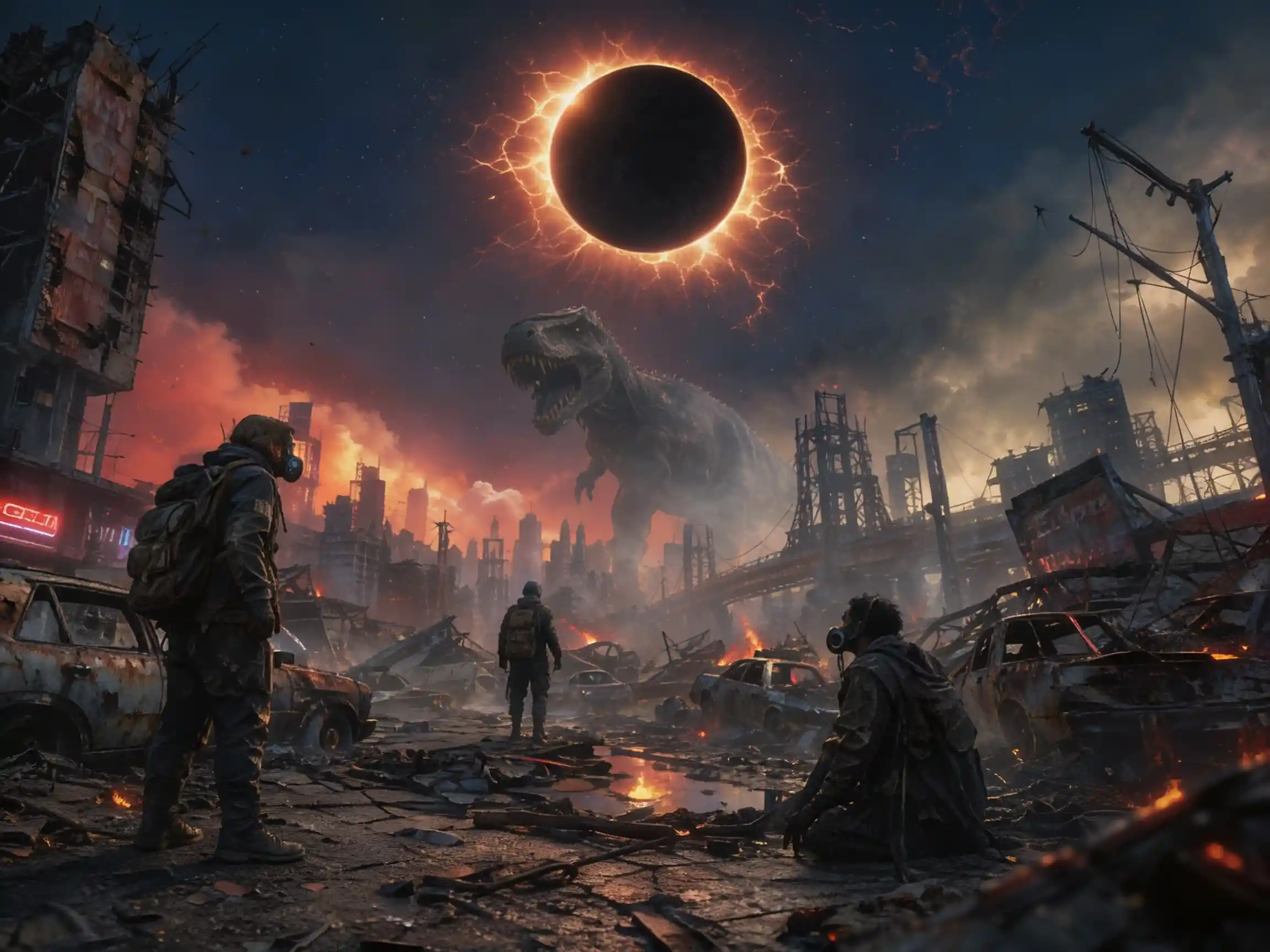 Solar eclipse over survivors in a ruined city street
