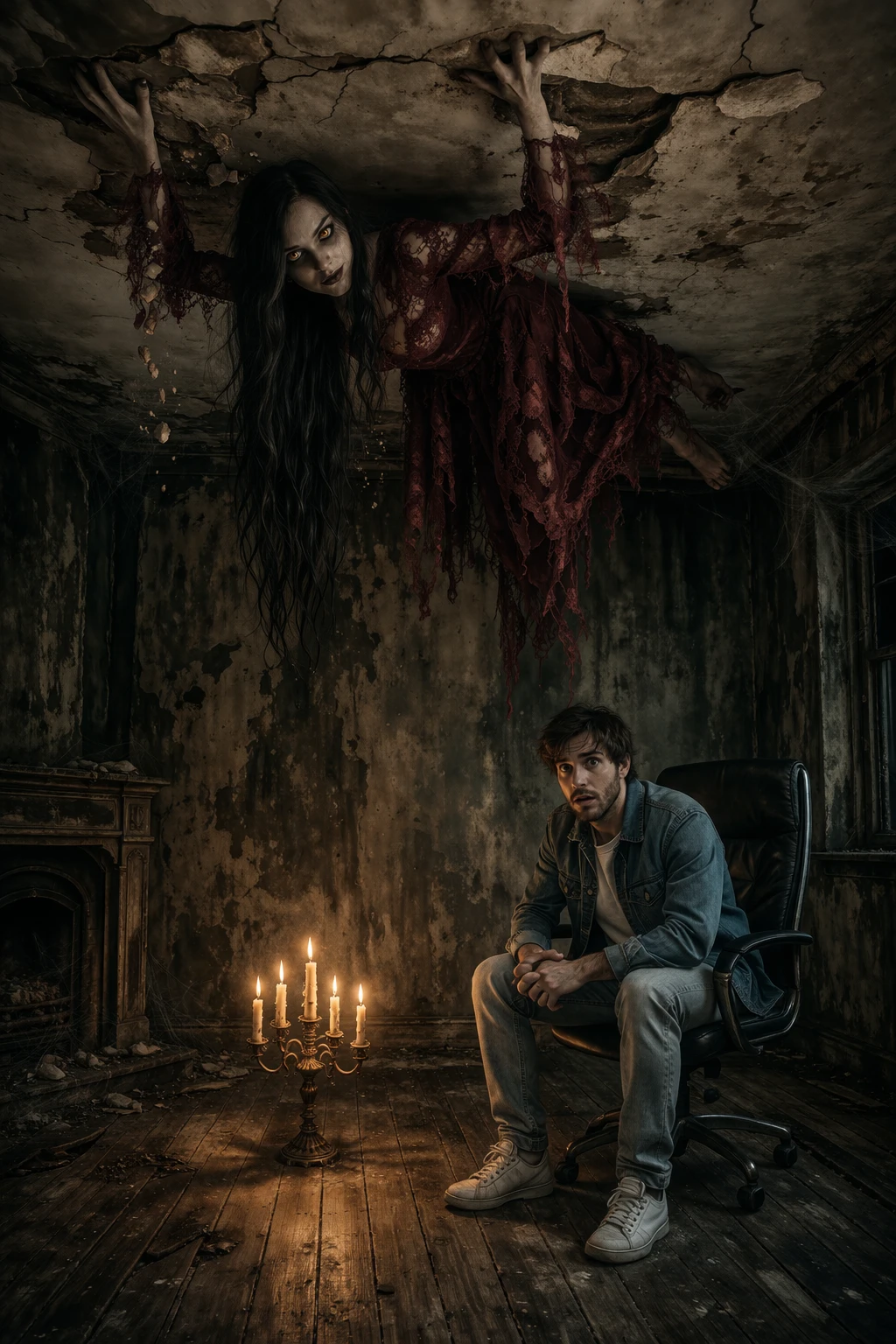 Woman crawling on cracked ceiling above terrified man