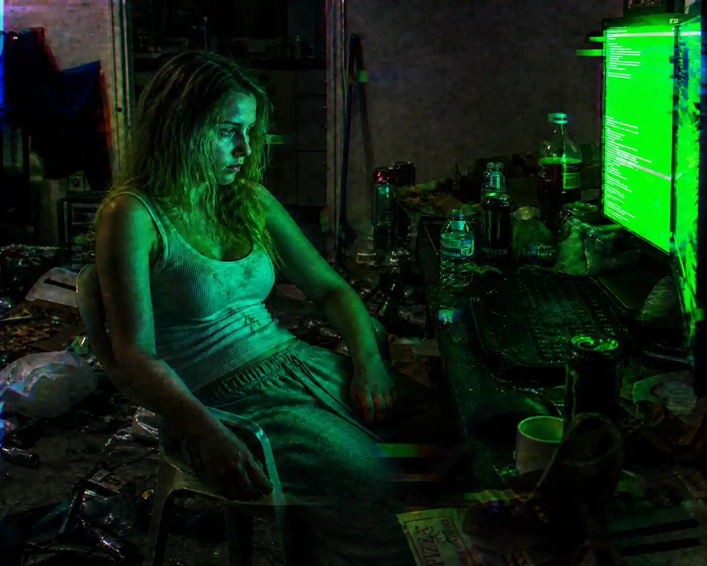 Exhausted young hacker lit by green computer screen