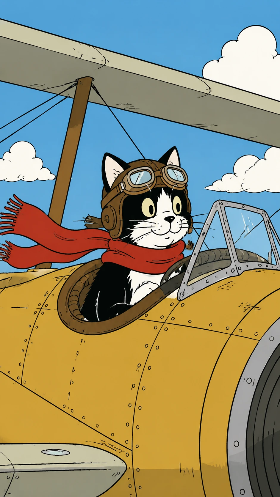 ビンテージ飛行機を操縦する白黒のかわいい猫パイロット
