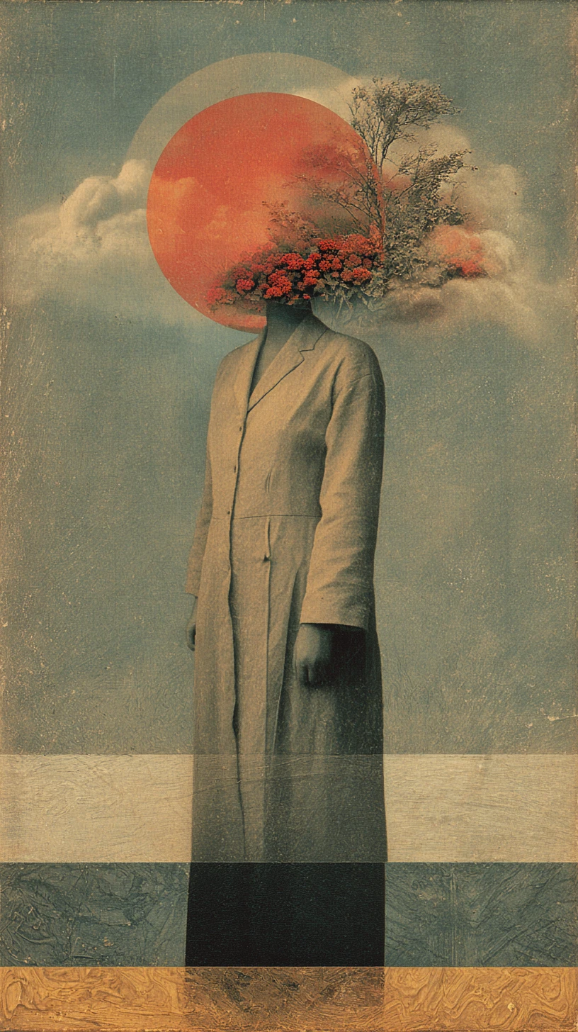 Melancholic surreal collage on a dreamlike minimalist canvas