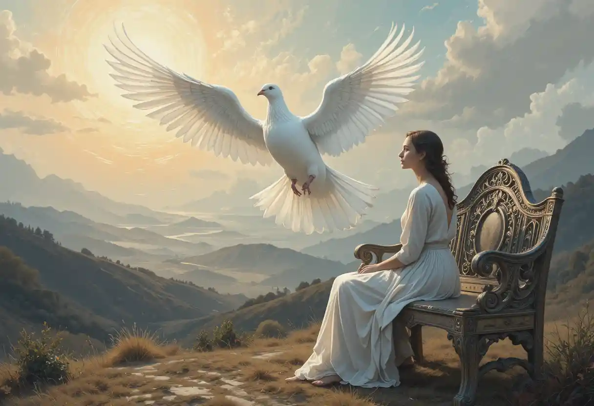 Solitary figure watching a radiant white dove at sunset