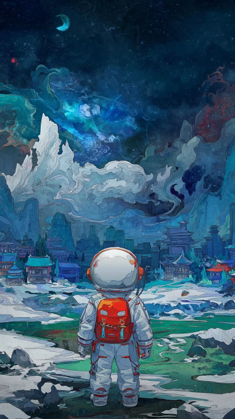 学校へ歩く子どもの宇宙飛行士の遊び心あふれるイラスト