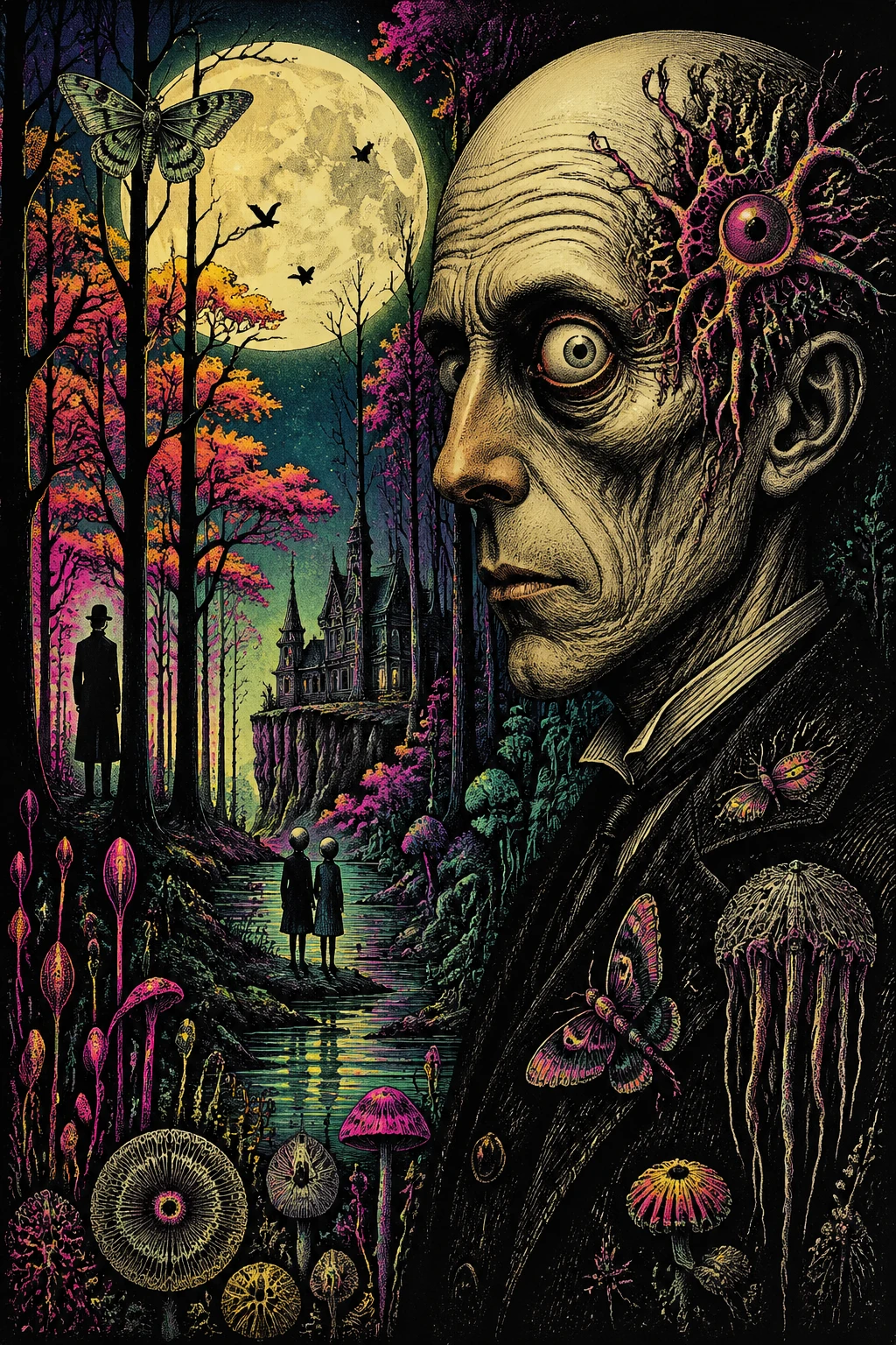 Eerie humanoid figure in a neon lit forest close up