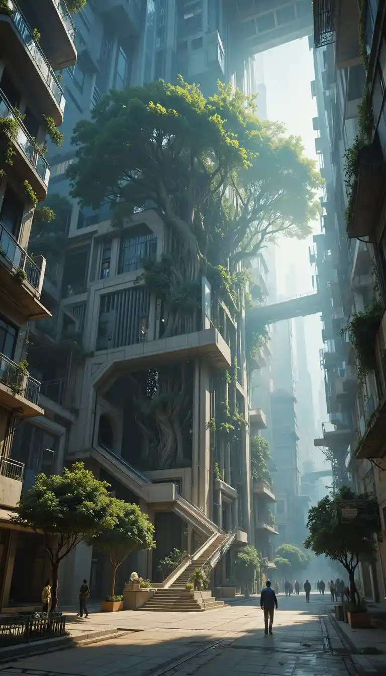 Futuristic city bridge and tower with tree after the rain