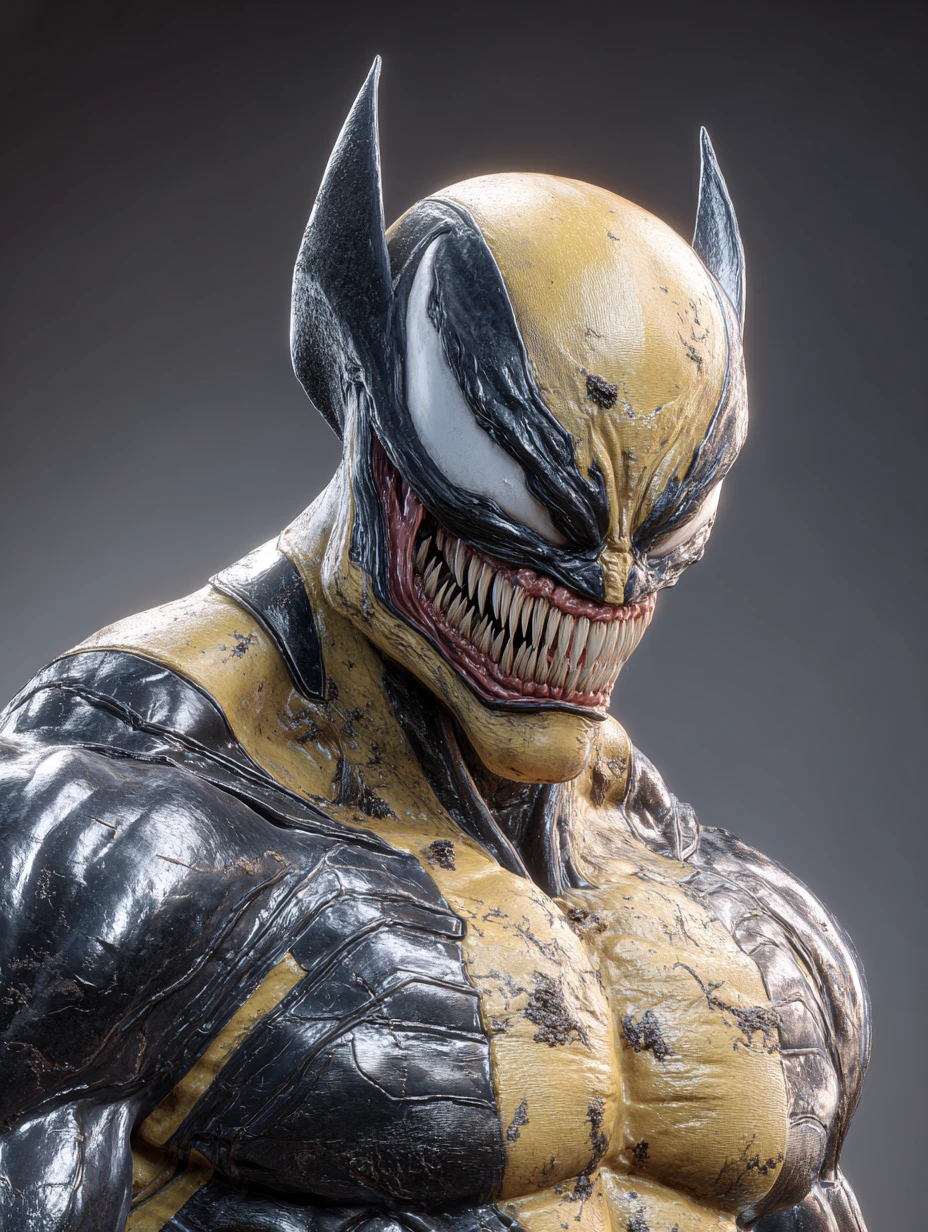 Venomized Wolverine style hybrid superhero in dark forest
