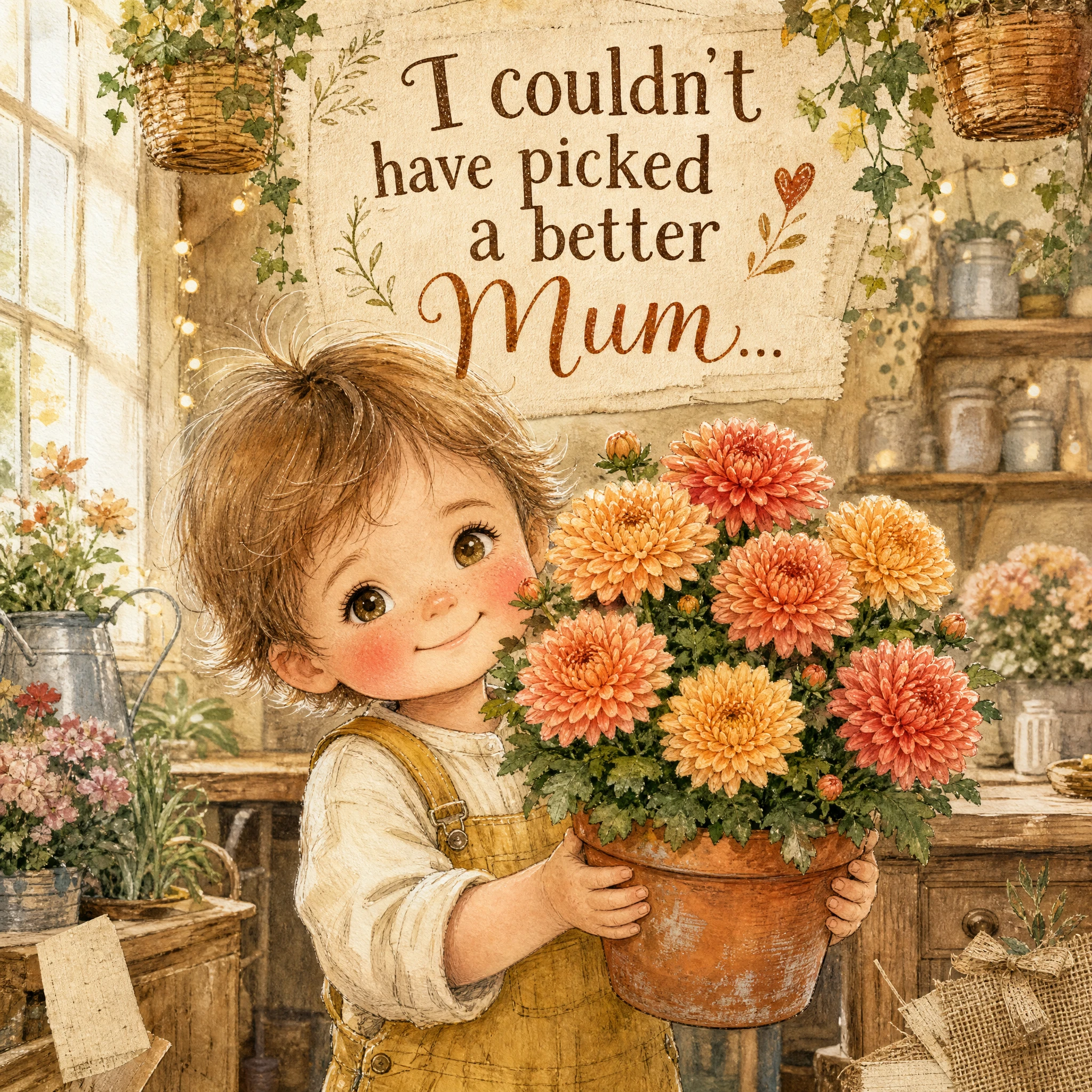 Ilustración de un niño pequeño sosteniendo crisantemos en una acogedora floristería
