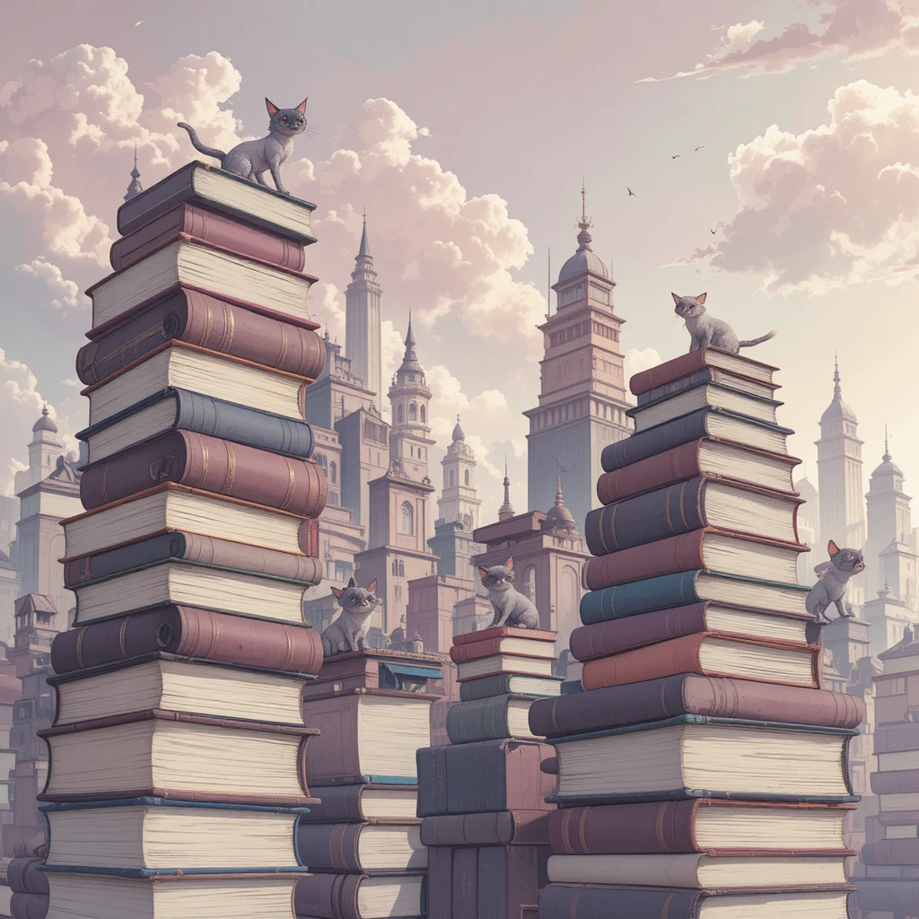 Whimsical book city with stylish cats under pastel skies