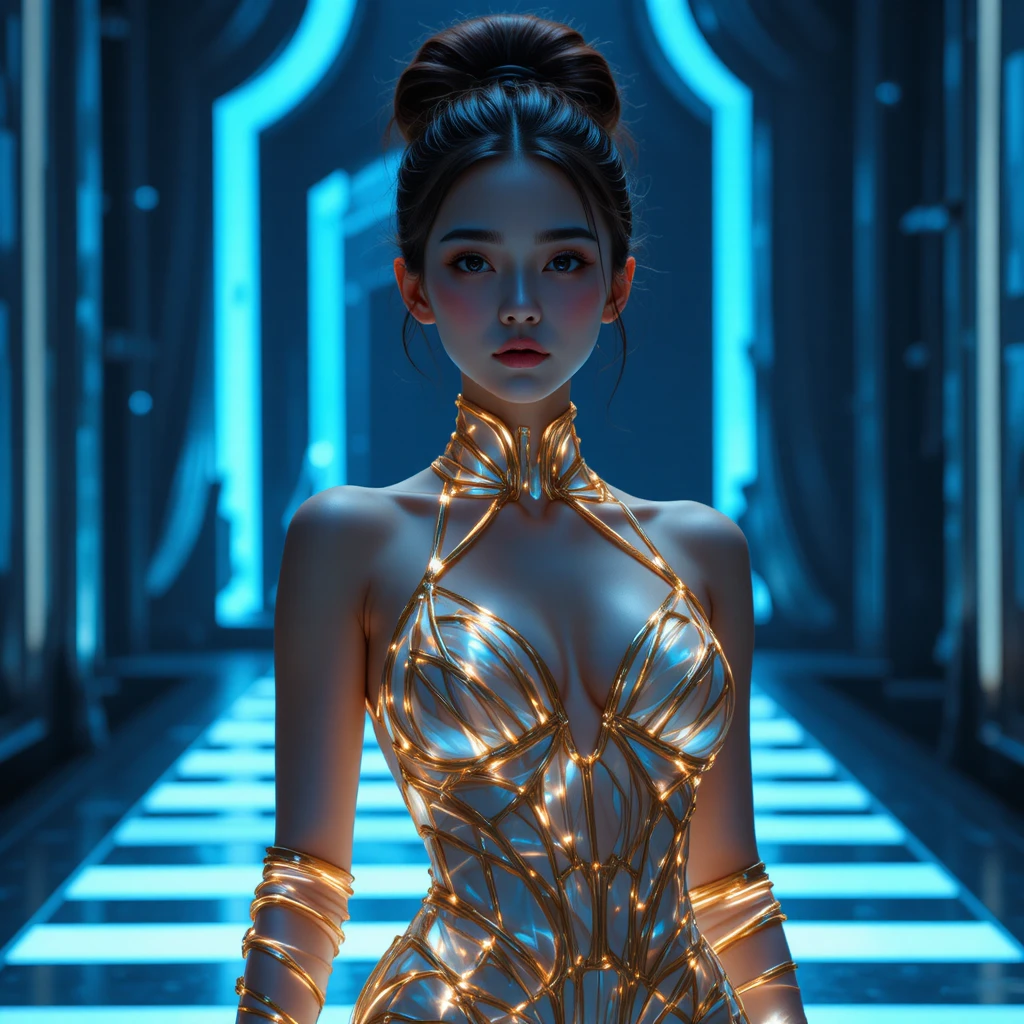 Korean model in luminous dna inspired mermaid runway gown