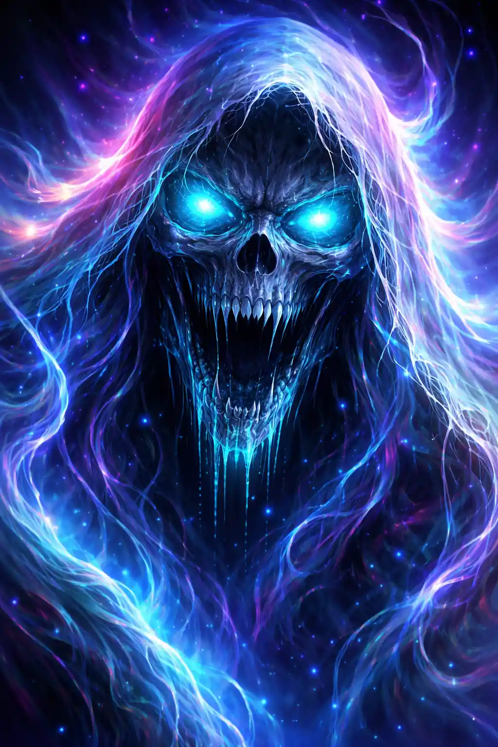 Eerie neon monster close up in ethereal gradient glow