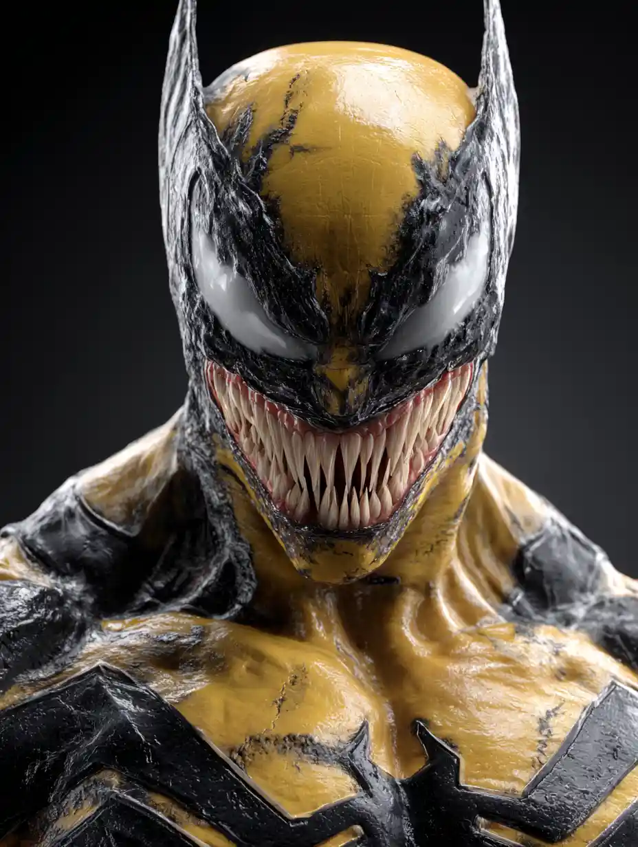 Venomized wolverine hybrid superhero in dark forest portrait