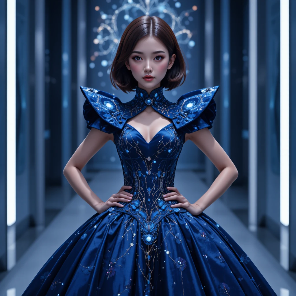 宇宙星空午夜藍高級訂製晚禮服走秀的韓國模特兒