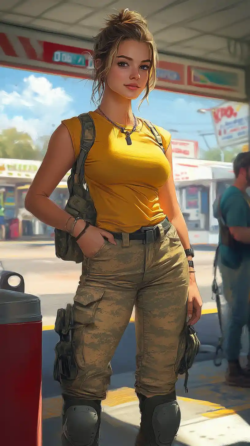 Off duty female soldier portrait in casual yellow shirt